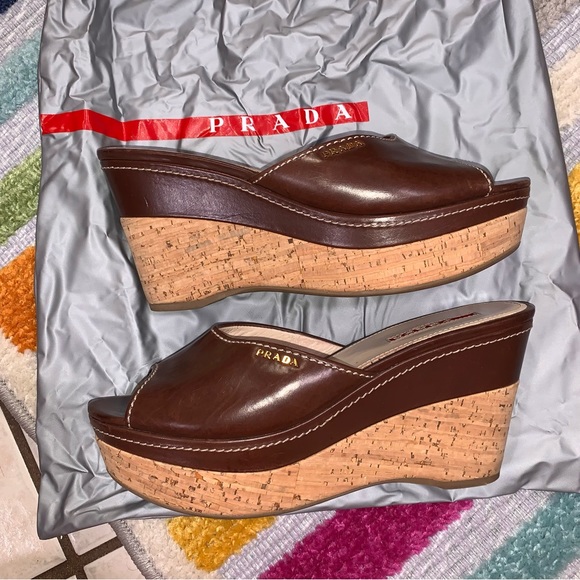 PRADA Brown Leather Logo Cork Platform Open-Toe Wedge Sandals - Picture 6 of 16